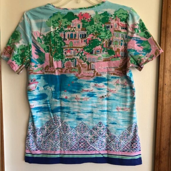 TALBOTS Scenic Mediterranean Tee Short Sleeve Crewneck Blue Pink - Picture 12 of 16